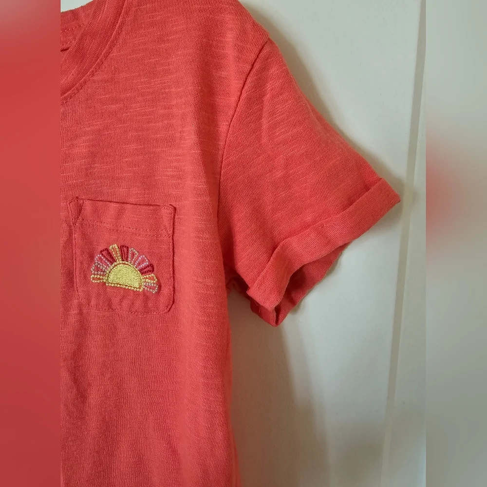 xs 5/6 Eddie Bauer orange red tshirt cuffed sleeves chest pocket embroidered sun